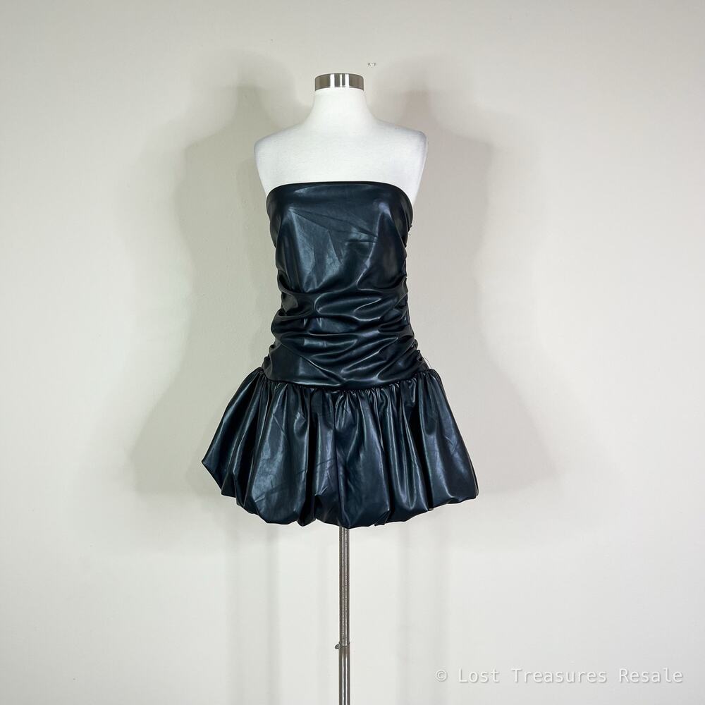 AKIRA | Black Faux Leather Bubble Hem Fitted Drop Waist Strapless Mini Dress XL - Picture 2 of 11